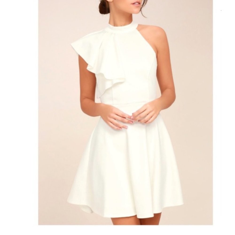 Lulus Chic Goals White One-Shoulder Skater Dress